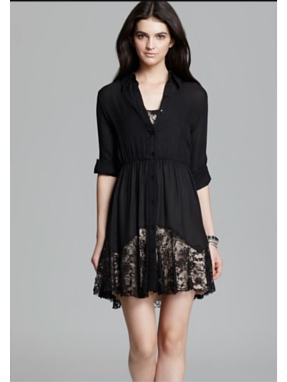 Alice + Olivia Silk & Lace Shirt Dress With Roll Tab Sleeves Black & Tan Size SP